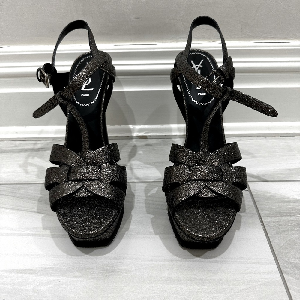 YSL Tribute Sandals. Dark Grey Shimmer limited color. Excellent Condition